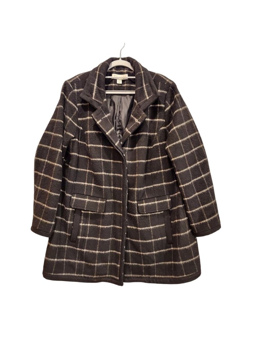 Pure Energy Overcoat Womens 1X Wool Blend Fuzzy boxy Plaid Black Button career o